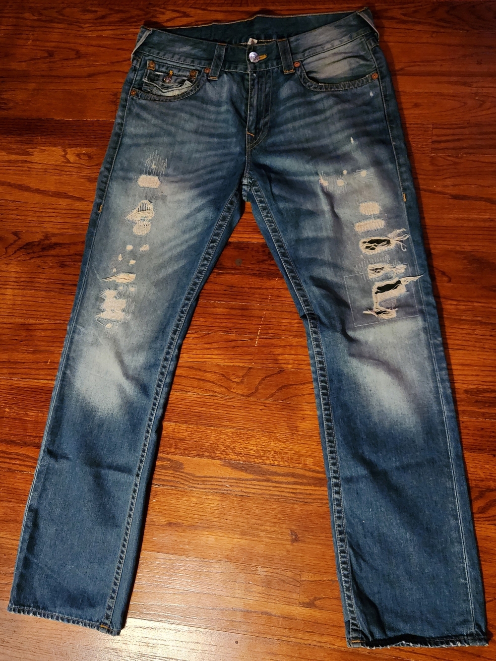 True Religion Men’s Distressed Jeans Blue Denim Faded Whiskered Size 33